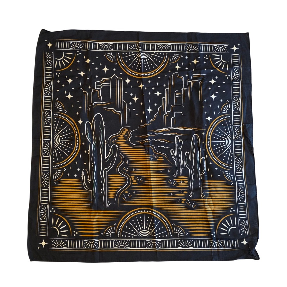 Southwestern Desert Night Bandana Cotton Saguaro Cactus Celestial Scarf Black